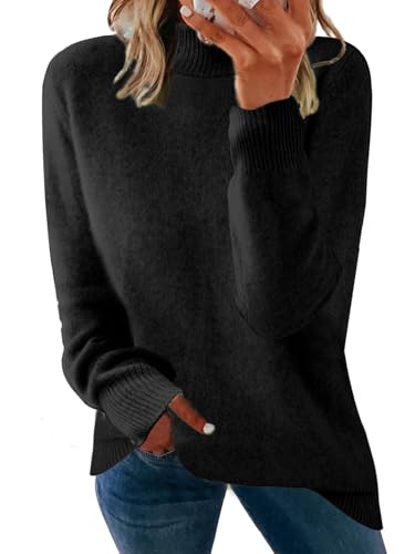 Yutdeng Jersey Mujer Cuello Alto Sueter Mujer Manga Larga Elegante Jersey de Punto Fino Sweater Casual Jersey Pullover Camiseta Cuello Alto Jerséis para Mujer Suéter Invierno Otoño,Negro,L
