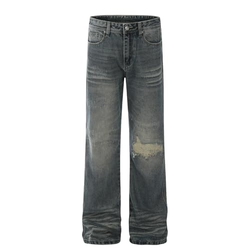 Jeans Pants Trousers Denim Retro Street Trendy Punched Water Washed Blue Loose Micro Horn Commuter Straight for Men