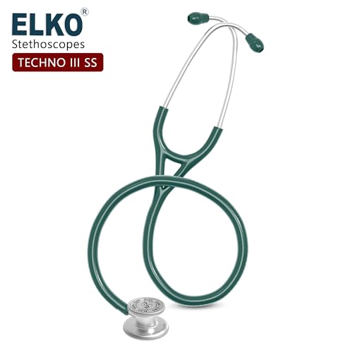 Image of ELKO TECHNO III SS Stainless Steel Stethoscope with ENGRAVING | Engrave Your Name or Initials on the Chest Piece | Lightweight Double-Sided Stainless Steel Chest piece | Two-Way PVC Tubing | Ideal for Doctors & Medical Students (Green)