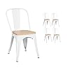 KOSMI – Lot de 4 Chaises Blanches en métal et Bois Clair Style Industriel Factory en métal Blanc Mat et Assise en Bois Clair