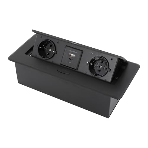 Enchufe retráctil empotrable de 2500 W, regleta de mesa con 5 V 2,1 A USB C + USB A, 2 x 16 A 250 V, multifunción, con cable de 1,8 m (negro)