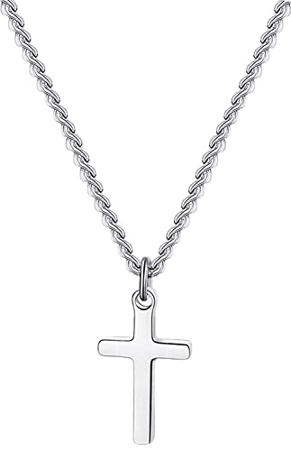 XOYOYZU Cross Necklace for Women Stainless Steel Small Cross Pendant with Cuban Chain Simple Faith Jewelry for Men Women 14-22 Inches, 0.79in*0.47in, Stainless Steel, Cubic Zirconia