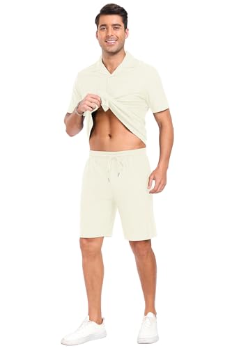 PrinStory Mens Short Sleeve Outfits 2 Piece Summer Beach Button Down Shirts and Shorts Set Tracksuit with Pockets4