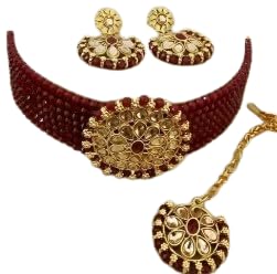 Alloy Traditional Necklace & Bindi With Earrings Set For Girl & Women's (YELLOW, GREEN,GOLD, MAROON)