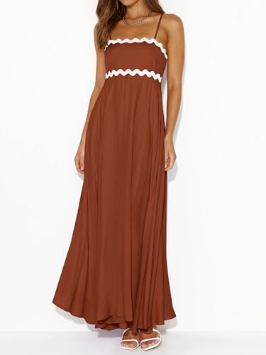 Image of PRETTYGARDEN Women Spaghetti Strap Boho Maxi Dresses Flowy | Sleeveless Smocked Long Dress, Striped Trim Flowy Dress Pockets, Elegant Square Neck Beach Sundress, Casual Summer Outfits