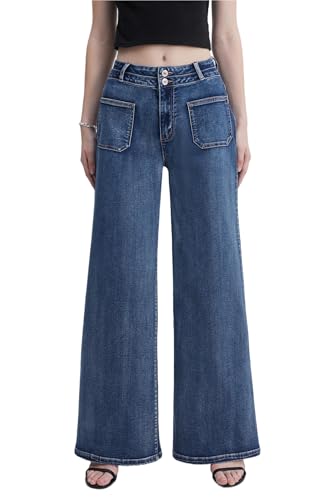 Women's High Waist Wide Leg Jeans Stretchy Loose Denim Pants with Two Button Detail