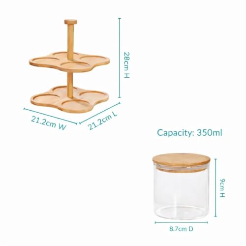 Image of Borosilicate Glass Storage Jar Set with 360 Rotating Bamboo Stand Set of 8, 350ml Airtight Glass Containers with Bamboo Lids, 2-Tier Dry Fruit Storage Organizer for Nuts, Snacks, Spices