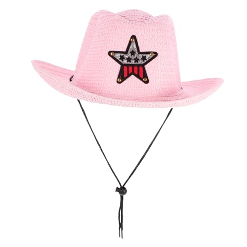 Sosoport Children's Straw Cowboy Hat for Kids UV Protection Wide Brim Sun Hat for Beach Summer Parties Pink