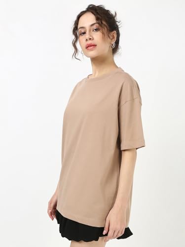 Image of Bewakoof Women's Solid Oversized Fit Half Sleeve Round Neck Cotton Jersey T-Shirt