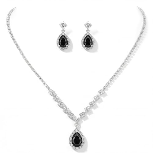 Unicra Bride Crystal Necklace Earrings Set Black Jewelry Sets Rhinestone Choker Necklace Prom Costume Jewelry Set for Women and Brides (Black)