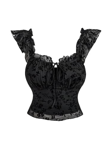 Verdusa Women's Plus Size Gothic Bow Tie Floral Ruffle Tank Top Renaissance Ruched Fitted Tops