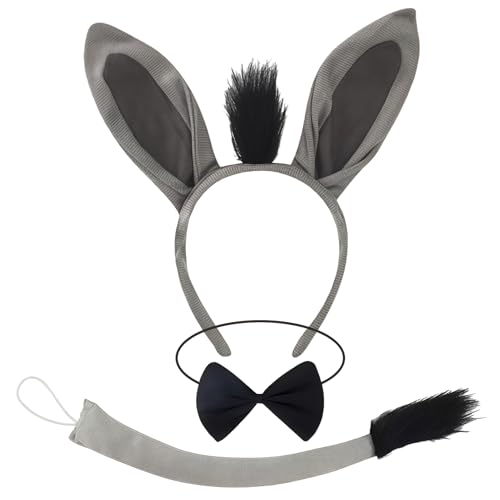 3 Stück Graues Esel Kostüm Set Tier Kostüm Sets Kostüms Party Dekoration Zubehör Haarreif mit Ohren Schwanz Party Dekoration Zubehör Tier Verkleiden Sets Karneval Fasching Maskerade Cosplay