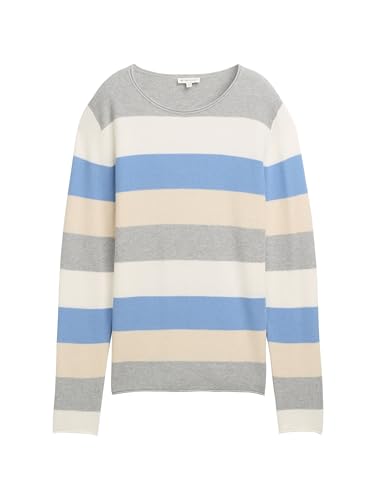 Tom Tailor Damen Strickpullover mit Rundhals, 37224 - Beige Blue Block Stripe, M – Ansicht 4