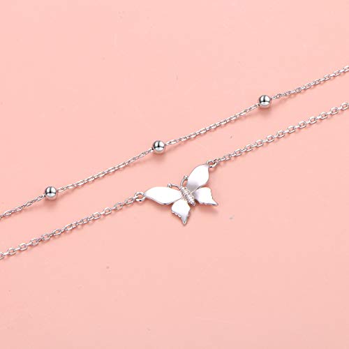 Image of Flyow Anklet for Women S925 Sterling Silver Adjustable Foot Beaded Heart Charm Ankle Bracelet Anklets Jewelry