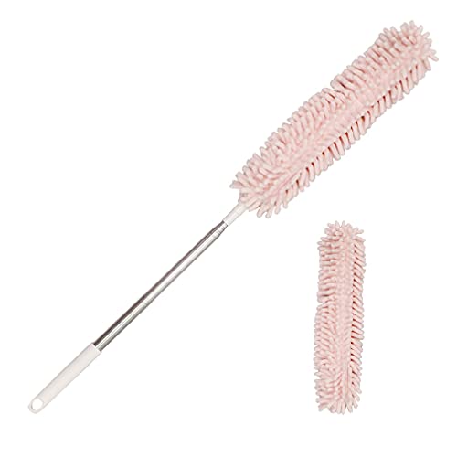Hershii はたき ほこり取り ダスター モップ ダスターモップ ハンディ モップ 埃とり 伸縮式モップ 高所掃除 洗えるモップ 掃除用品 360°曲げる 取り外し可能 長さ調整可能 エアコン 天井 (ピンク, 長版+ヘッド*1)
