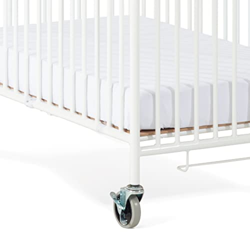 Foundations Pinnacle Folding Steel Crib, Portable Baby Crib With Commercial Grade 3" Casters, Heavy Duty Steel Hotel Crib, Includes 4 Inch Foam Mattress, White #TOP6