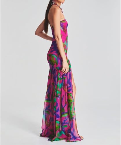 Image of Willow Dance Women Tube Top Dress Printed Mesh Patchwork Maxi Dress Strapless Sexy High Slit Long Dresses Party Clubwear