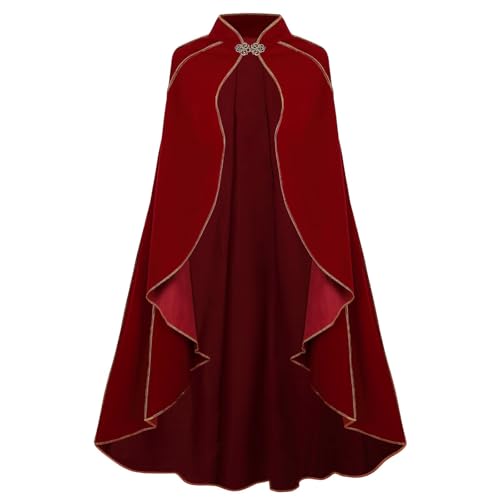 AGCOAH Womens Medieval Cloak Renaissance Victorian Deluxe Stand Collar Velvet Gold Trim Red Cape for Adult Halloween Cosplay Dress Up 43.3Inch