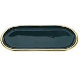 Veemoon Bandeja para Joyas de Cerámica Verde Pequeño 10 Pulgadas Borde Dorado, Bandeja Decorativa para Almacenamiento en Dormitorio y Baño, Soporte para Artículos de Tocador