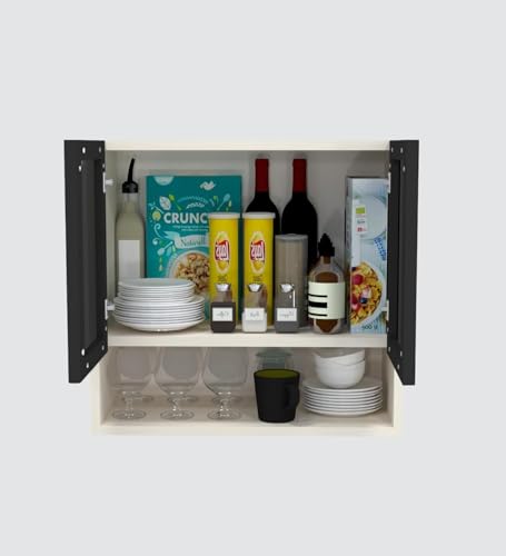 Image of Wall Mounted Kitchen Cabinet with Glass Door | Black and Beige | 57x55 cm | 2 Door Storage Cabinet | DIY Assembly