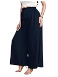 BEAUDRM Women's Maternity Elastic High Waist Pants Knot Front Wide Leg Pregnancy Pants Navy Blue Small