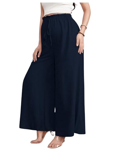BEAUDRM Women's Maternity Elastic High Waist Pants Knot Front Wide Leg Pregnancy Pants Navy Blue Small