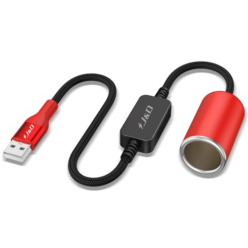 J&D USB A Male to 12V Car Cigarette Lighter Socket Female Converter Cable 1 ft 12V 18W Power Adapter Compatible with Dash Cam GPS Car LED Light Strips Red
