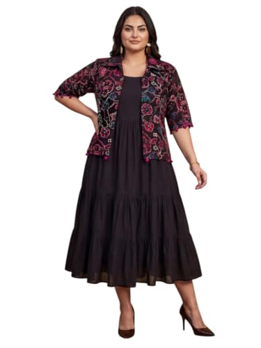 Image of Azira Women Rayon Solid Fit & Flared Dress with Printed Jacket | Perfect for Casual outings, Parties Rayon Fabric|