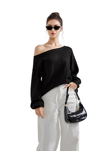 SUUKSESS Women Off The Shoulder Fall Sweaters Long Sleeve Boat Neck Oversized Pullover Sweater Tops