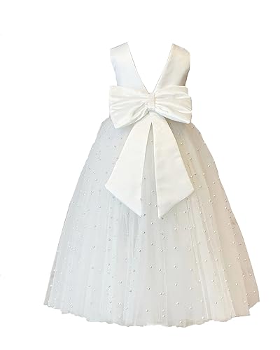 Flower Girls Lace Pearl Ball Gowns with Bow-Knot First Communion Dresses Floor Length Dress for Wedding