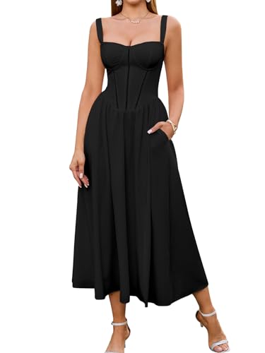KUTUMAI Floral Corset Midi Dress Flowy Slit Summer Spring Wedding Guest Dresses for Women Sundress with Pockets Black L