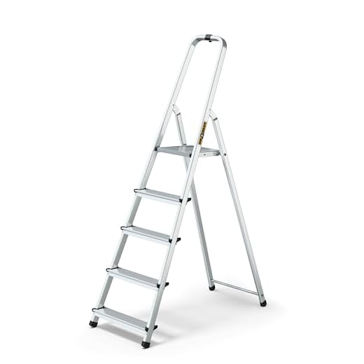 Drabest Aluminium Huishoudladder met 5 Treden, Capaciteit 125kg - Trapladder met Veiligheidsrail en Werkladderplatform – Ladders Multifunctioneel – Trapladders met 5 Treden – 45 x 168 x 12cm
