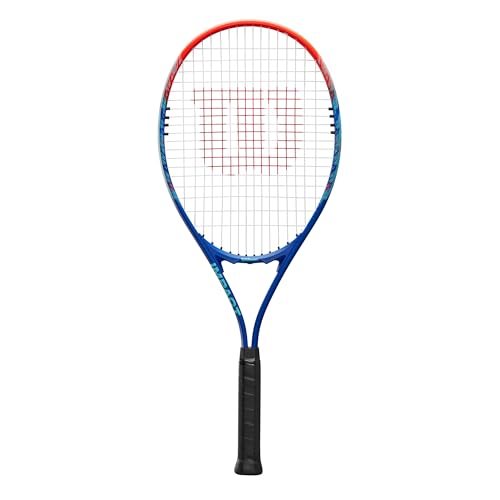 Raqueta de Tenis Wilson Impact, con Cabeza Grande y Sistema V-Matrix, Fabricada de Aleación AirLite, con Protector y Longitud Extendida, Viene Pre-Encordada, Color: Azul/Rojo, Talla: 3