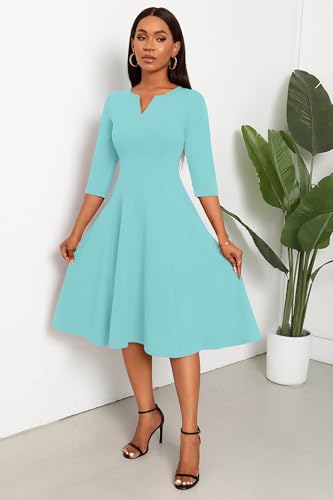 Image of Nmoder Midi Dresses for Women A-Line Fit and Flare Dress 3 /4 Sleeve V Neck Cocktail Wedding Guest Work Dress with Pockets