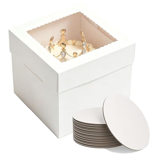 CUESVAP Lot de 5 boîtes à gâteau de 25,4 cm avec planches – Rangement de gâteaux blanc de qualité supérieure, fenêtre transparente pour boulangers, fêtes...