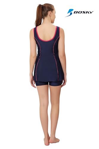 Image of BOSKY Women Frock Style One Piece Swimming Costume Stretchable Swimwear Ladies Swimsuit Flexible Fit Sleeveless Swim Dress Suit Set