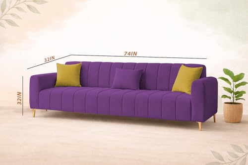 Image of Casaliving Velour Modern Velvet Sofa, Tufted Design Upholstered 3 Seater Sofa Set for Living Room, (Purple Colour) Premium Velvet Fabric Sofa