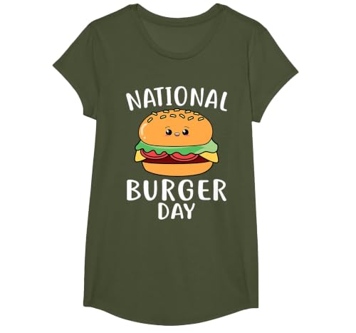 National Burger Day Hamburger Cheeseburger T-Shirt, Girls, Olive Green, Medium