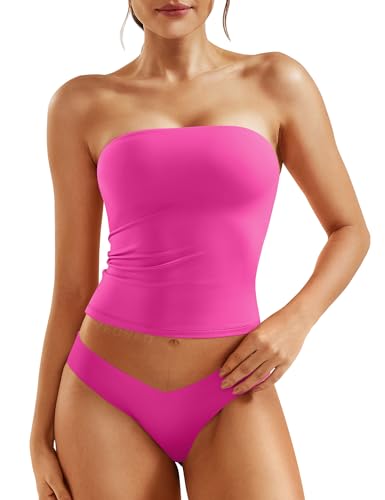 YEOREO Ease Women Sexy Long Tube Tops Double Lined Basic Y2K Summer Cute Strapless Fitted Bandeau Going Out Crop Top Rose Red-XL