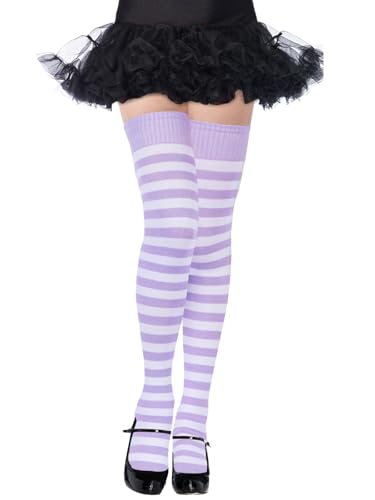 Moon Wood Womens Thigh High Socks Striped Knee High Socks Extra Long Cotton Knit Over the Knee Socks for Halloween