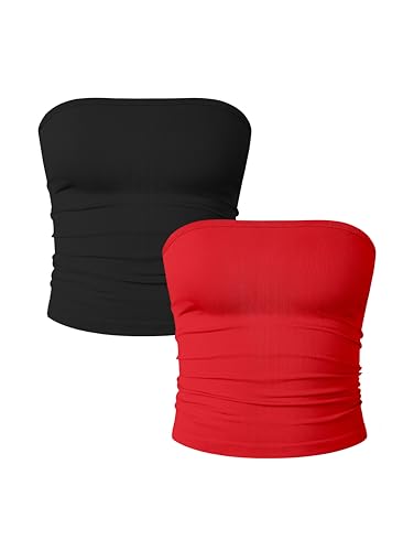 OQQ Womens 2 Piece Tube Tops Strapless Basic Sleeveless Stretch Classic-Fit Shirts Sexy Crop Tops Black Red