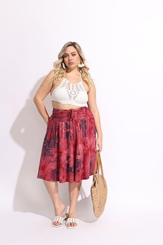 TIYOMI Women Plus Size Skirts Stretchy Waist Hidden Drawstring Zipper Midi Skirt 2 Ways to Wear As A Tube Top Tie Dye Fall Autumn Winter Long Skirts Red XL2