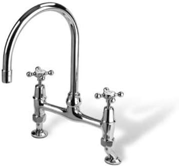 REGENT DECK MOUNT BRIDGE FAUCET 4" SWAN NECK SWIVEL SPOUT (CERAMIC DISC), Polished Chrome