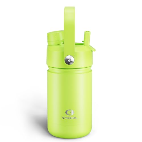 Image of Kids Insulated Water Bottle with Straw - 12oz Stainless Steel Water Bottle with Dual Spouts, Leak-Proof, BPA-Free, Double Wall Vacuum Keeps Cold for 24 Hours for Sports, Travel, School (Sharp Green)