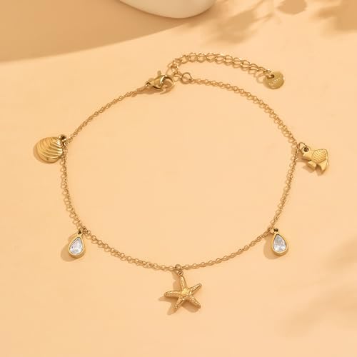 Image of Anklets for Women Dainty CZ Ankle Bracelet 18K Gold Plated Waterproof Boho Dot Star Moon Daisy Ocean Beaded Anklet Trendy Foot Jewelry