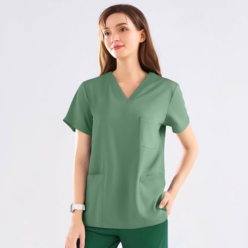 Image of FONMA Scrub Tops Women Plus Size Stretchy V-Neck Scrub Shirts with 4 Pockets Breathable Short Sleeve Nurse Uniforms