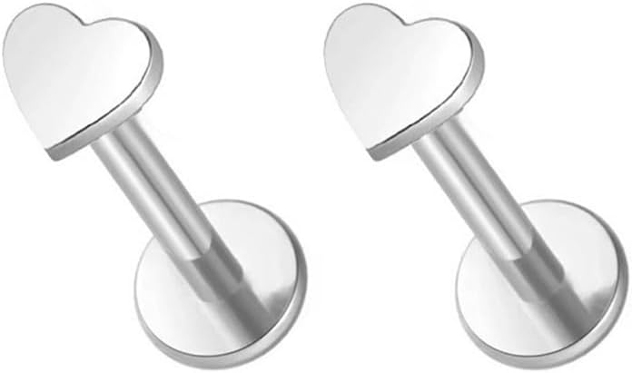 16G G23 Titanium Flat Back Earrings Studs for Women Threadless 14K Gold Tiny Heart Star Lightning Conch Helix Tragus Flatback Stud Earring Minimalist Labret Monroe Lip Rings Studs 2Pcs