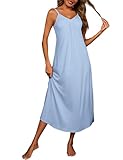 Bresdk Chemise de Nuit Femme Longue Nuisette Col en V Vêtements de Nuit sans Manches Ete, Bleu Ciel, S