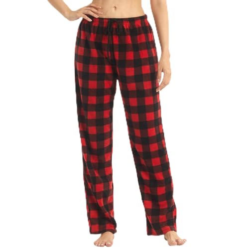 LANBAOSI Christmas Pajama Pants for Women Fuzzy Pack Long Fleece Buffalo Plaid Pj Bottoms Soft Drawstring Lounge Sleepwear Red Small