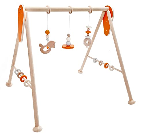 Hess Holzspielzeug 20039 - Spielgerät aus Holz, Nature Serie Pferd in Orange, für Babys, handgefertigter Spiel-Bogen mit Figuren und Rasseln, ca. 62 x 57 x 54,5 cm groß